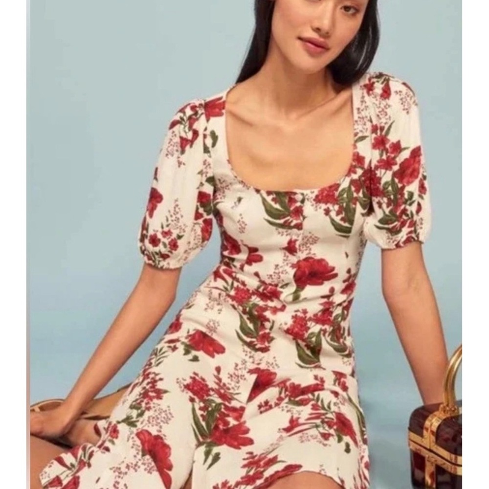 Reformation Beechwood Midi Dress Floral Cottagecore Cream Red 6 Puff Sleeve